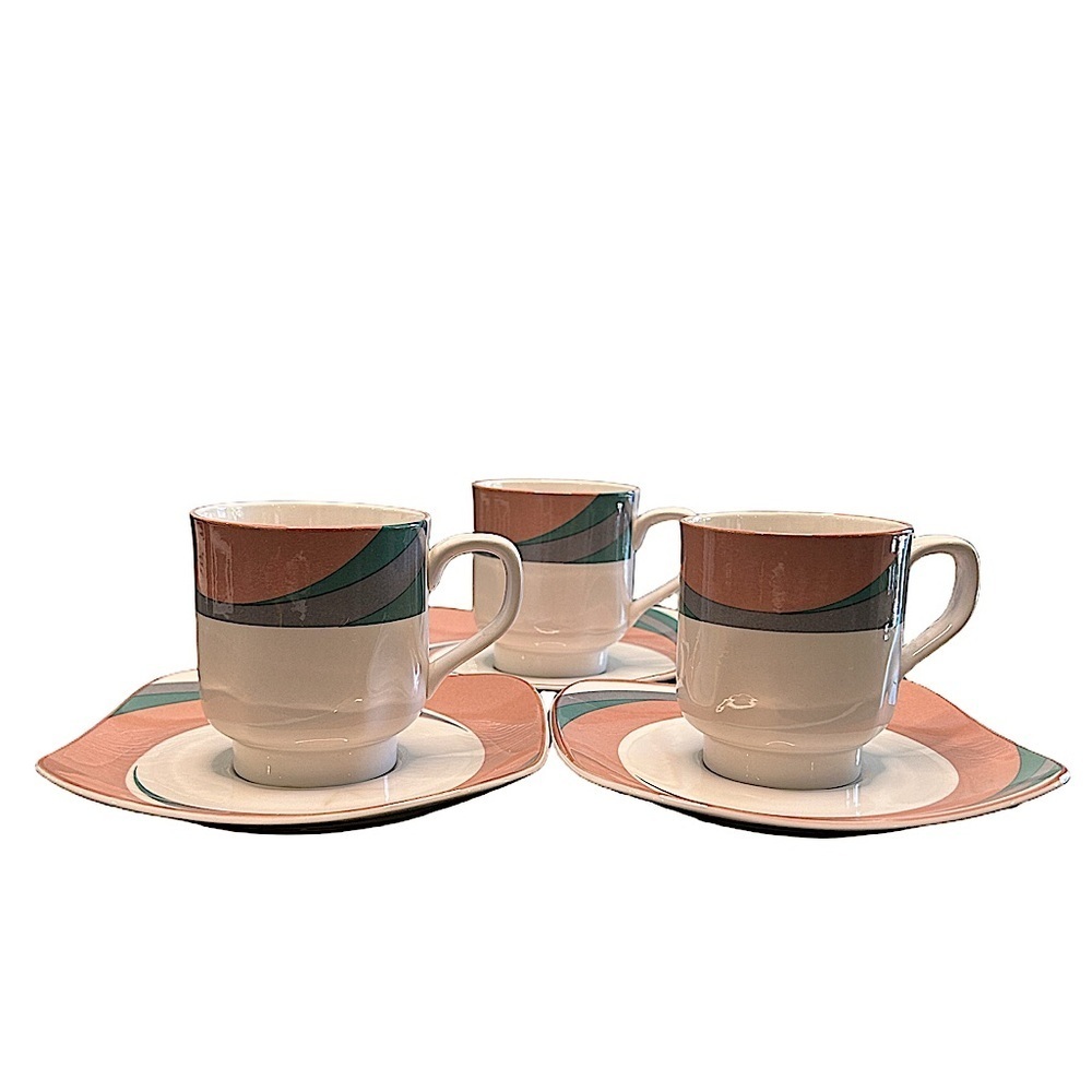 VTG 80s Sango Quadrille pinwheel pink 5206 retro abstract Footed Cups saucers